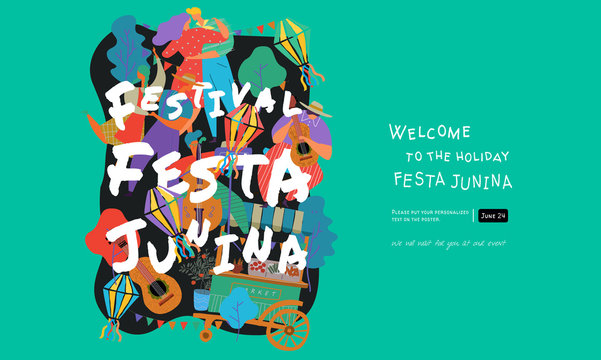 Festa Junina, Vector illustrations for poster, abstract banner, background or card for the brazilian holiday, festival, party and event, drawings of dancing cheerful people, musicians and shops