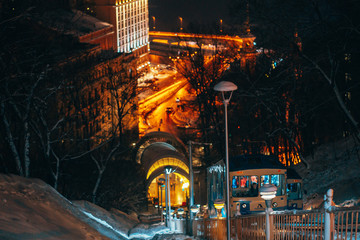 The funicular on Vladimir's Hill, in the background night Kiev