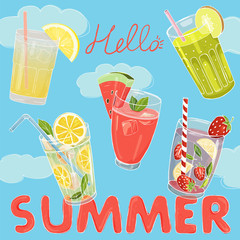 Set of refreshing summer drinks. Vector illustration in sketch style.