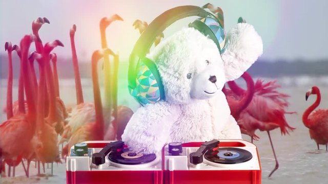 teddy bear dj disco party music child flamingoes