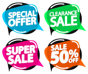Set Sale speech bubble banners, discount 50% off, promotion tags design template, app icons, vector illustration