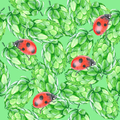 Hop cones and lady bugs seamless pattern on green background, acrylic painted