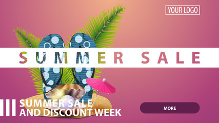 Summer sale, creative pink discount web banner for your website with flip flops, pearl and palm leaves