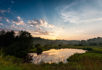 View of a sunset rays under the forest lake at the meadow
