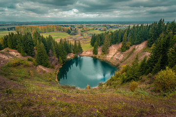 View of the deep karst lake «Sea Eye» and distance scope, Mari El, Russia