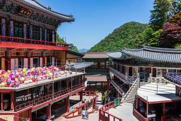 Fototapeta premium Buildings inside korean Buddhist Temple complex Guinsa after festival to celebrate buddhas birthday. Guinsa, Danyang Region, South Korea, Asia.