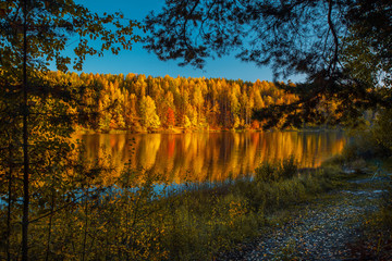 Silence at the forest lake at sunset, with reflection of sky and forest on a water smooth surface, Russia, Mari El