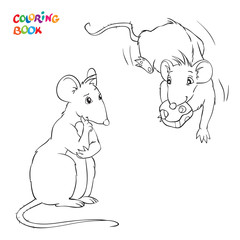 Vector Coloring Book with two rats. Rat with chees.