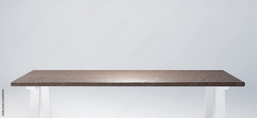 Poster Empty table with rustic wooden tabletop suitable for product display. 3D render image.