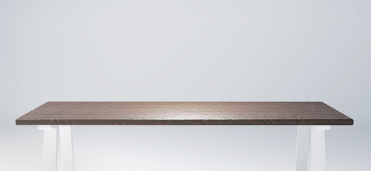 Empty table with rustic wooden tabletop suitable for product display. 3D render image.