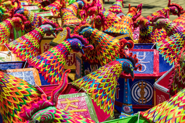 Detail view on many beautiful painted paper lanterns for festival to celebrate the birthday of Buddha. Guinsa Temple, Danyang, South Korea.