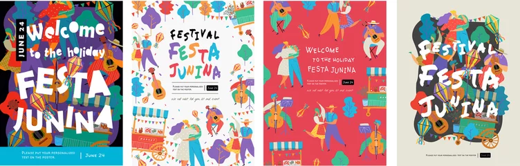  Festa Junina, Vector illustrations for poster, abstract banner, background or card for the brazilian holiday, festival, party and event, drawings of dancing cheerful people, musicians and shops © Ardea-studio