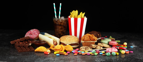 Unhealthy products. food bad for figure, skin, heart and teeth.