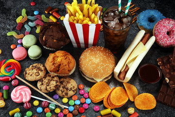 Unhealthy products. food bad for figure, skin, heart and teeth.