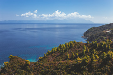 Top view of the beautiful blue Ionian sea from the top of the hill