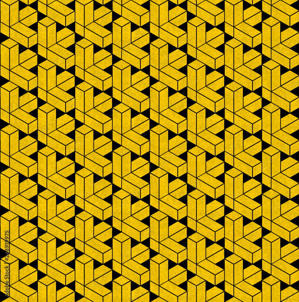 Aufkleber Black and yellow abstract geometrical seamless pattern on old concrete surface. Modern print design. 3d rendering