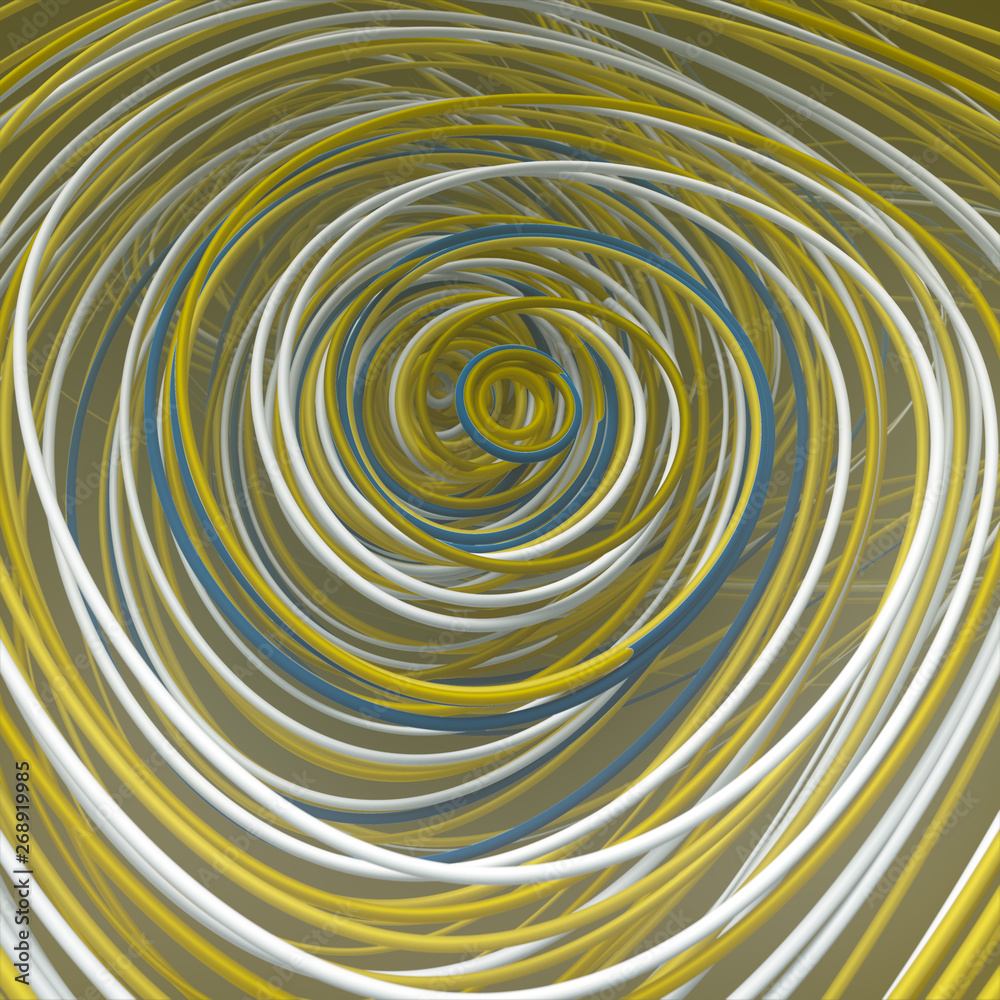 Poster Interlacing abstract yellow colored curves. Computer generated geometric pattern. 3D rendering