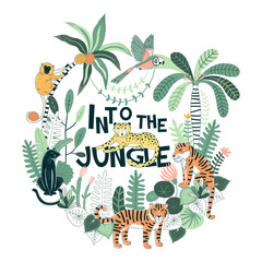Exotic Tropical wildlife Typographic illustration with Tiger Panther Leopard Monkey Parrot Palm trees plants Into the jungle lettering Rainforest nature inspired summer t-shirt print for kids