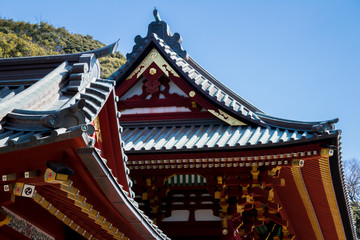 Details of a Japanese temple facade. Asian culture and architecture