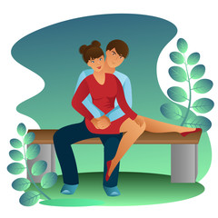 A young couple of lovers on a park bench. A girl in a red dress is sitting on the guy's lap. A man hugs his beloved woman by the waist. Template, color flat vector illustration.
