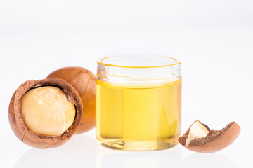 Nuts and macadamia oil - Macadamia integrifolia. White background