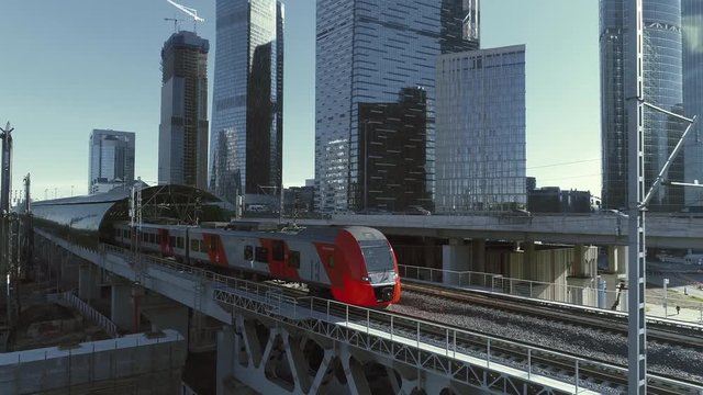 Moscow central circle train leaves from the Moscow City station. Moscow transport in action.