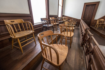 Juror Box. Jury box in courtroom at small rural county courthouse.