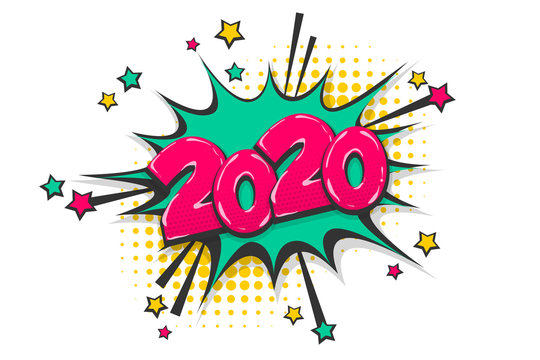 2020 year pop art comic book text speech bubble