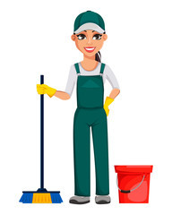 Cleaning service concept. Cheerful cartoon character