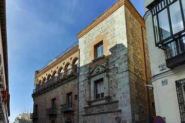 Facade of typical Buildings and streets in City of Madrid, Spain