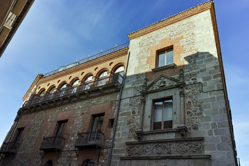 Facade of typical Buildings and streets in City of Madrid, Spain