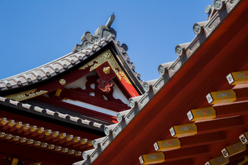 Details of a Japanese temple facade. Asian culture and architecture