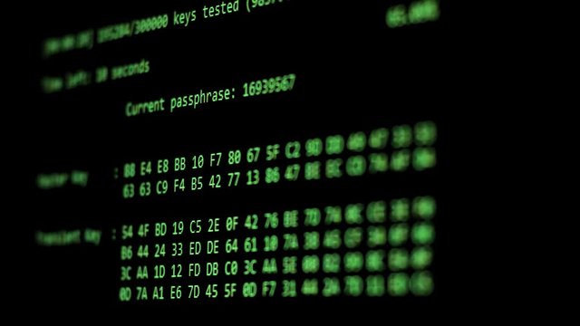 Computer Hacking, hacking bruteforce password attack via Wi-Fi network, Columns Of Hexadecimal Numbers Scrolling On Computer Screen, 4K, Uhd, Key found! dark screen hacker