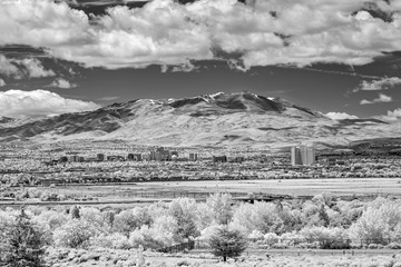 City of Reno, Nevada cityscape with hotels and casinos in infrared photography.