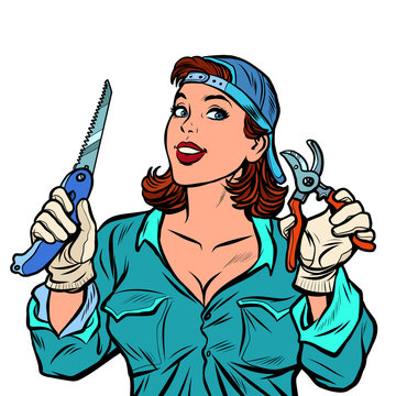 recommend clip art: woman gardener in the garden with a cutter and saw