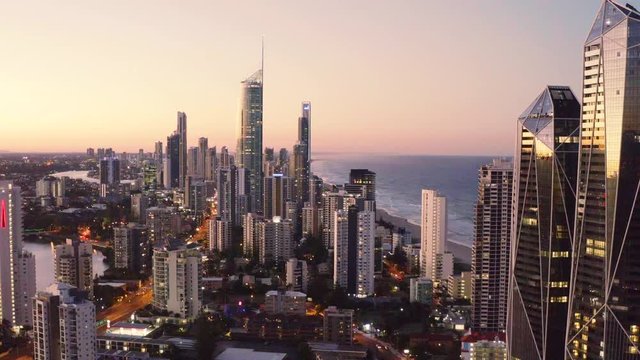 Sunset view of Surfers Paradise on the Gold Coast looking from the south