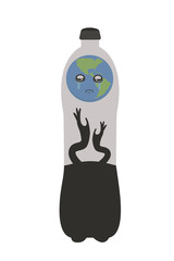 Illustration of planet earth in a plastic bottle. Cartoon sad illustration of environmental pollution. Global Problem.