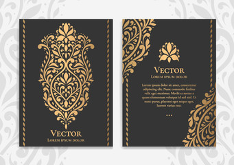 Gold vintage greeting card design with a black background. Luxury vector ornament template. Mandala. Great for invitation, flyer, menu, brochure, wallpaper, decoration, or any desired idea.