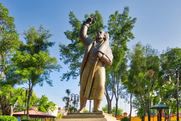 Coyoacan, Mexico City, Mexico-20 April, 2019: Miguel Hidalgo Statue in front of Parish of San Juan...