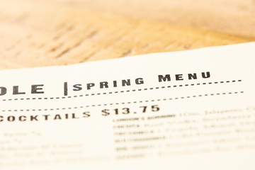 Restaurant menu listing the spring items for the season