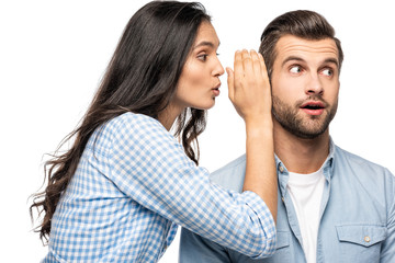 young woman telling secret to shocked man Isolated On White
