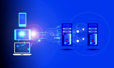 Fototapeta premium Enterprise application concept, illustrates integration of different types of enterprise systems, applications connecting through different channel like mobile, laptop, web application
