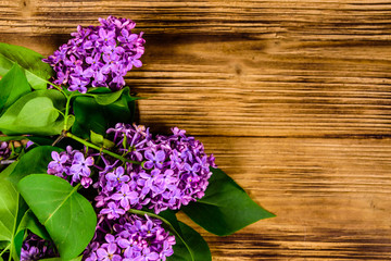 Flowers of lilac plant on wooden background. Top view