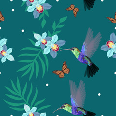 Obraz na płótnie Canvas Seamless pattern with hummingbirds, orchids, palm leaves, monarch butterflies. Vector illustration, can be used as a print for textiles and wrapping paper, and design element and much more.