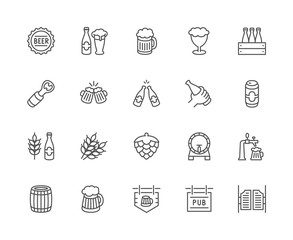 Set of Beer Line Icons. Bottle Cap, Mug, Opener, Wheat Grain, Hop Cone and more.