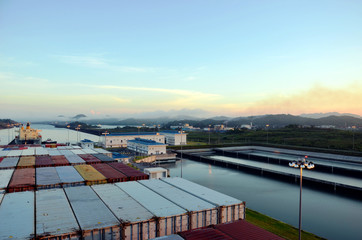 Landscape around the Cocoli Locks in the Panama Canal, view from the cargo ship.
