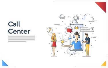 Flat linear illustration of Call Center. Customer Support concept. Vector banner, icon, illustration. Support service help assistance guidance. Flat female support and client service staff worker.