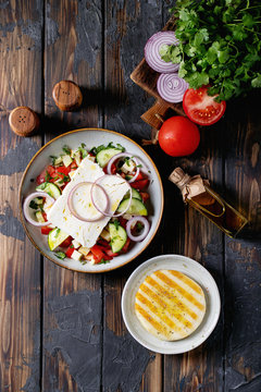 Feta cheese salad in ceramic bowl
