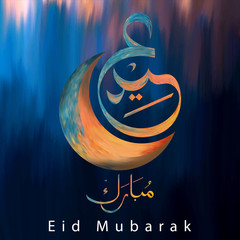 Eid Mubarak islamic design crescent moon and arabic calligraphy with abstract water color background