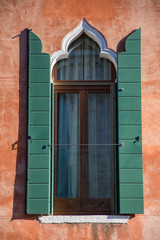 Window with Green Shutters in Medieval House, Venice, Italy,Italy,2019